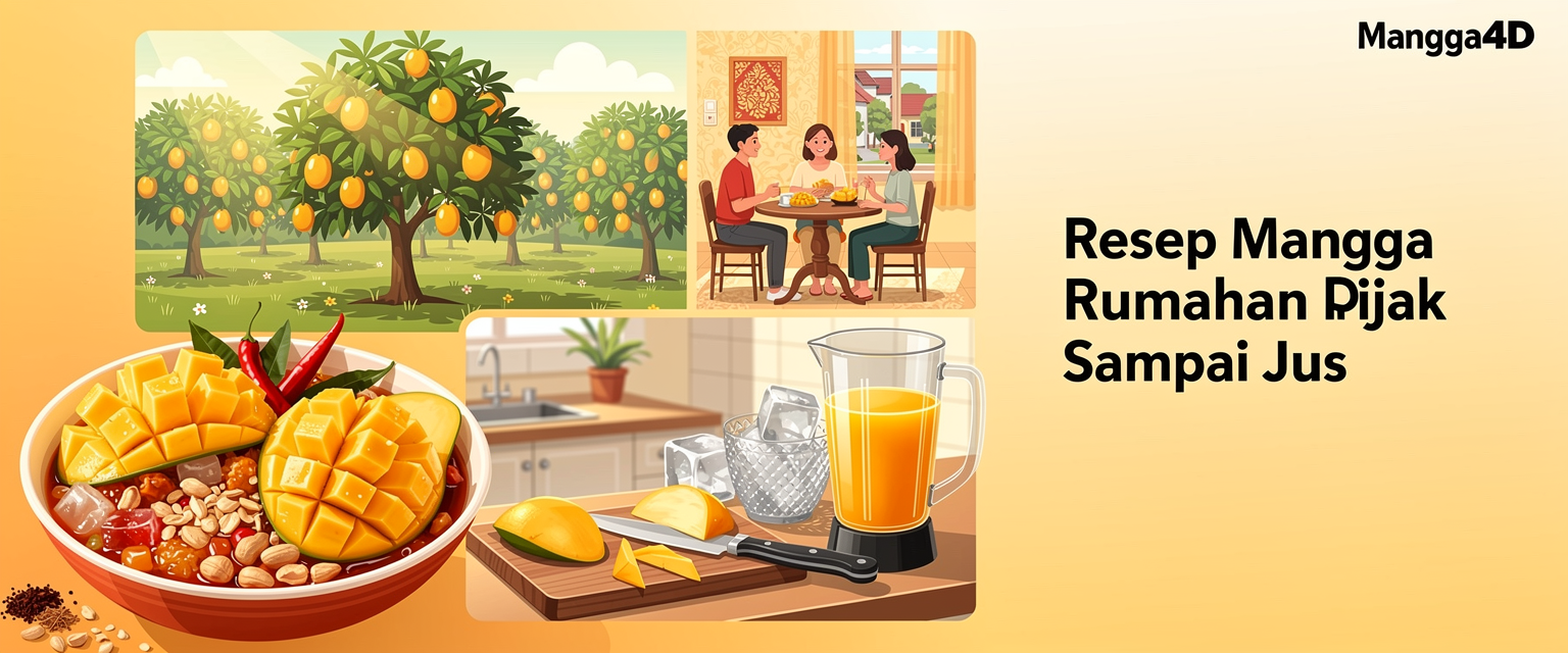 Ilustrasi resep mangga rumahan dari rujak sampai jus untuk Mangga4D dengan tema mangga dari empat arah: rasa, kebun, dapur, dan cerita lokal.