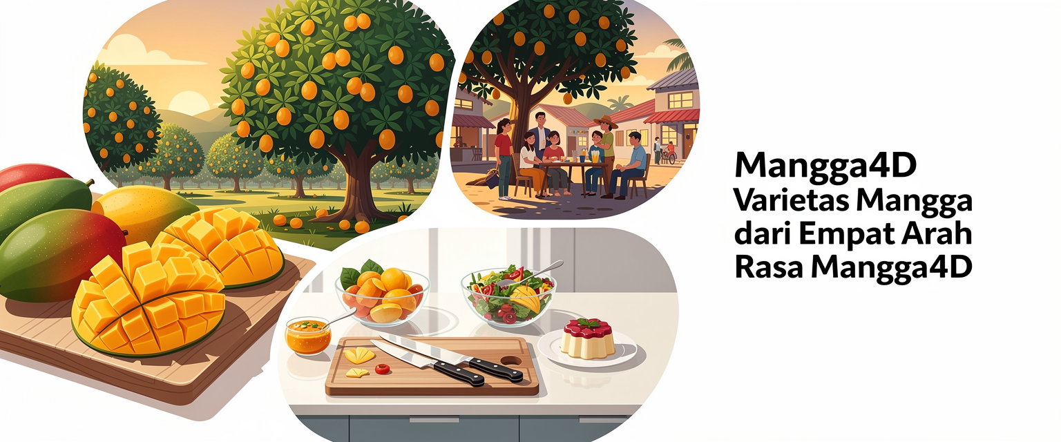 Ilustrasi varietas mangga dari empat arah rasa untuk Mangga4D dengan tema mangga dari empat arah: rasa, kebun, dapur, dan cerita lokal.